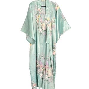 Long Blue Satin Floral Kimono Cover Up